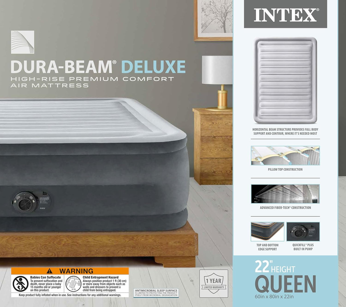 Intex 64417ED 22In Queen Dura-Beam Comfort Plush High-Rise Inflatable Air Mattress with Built in Pump for Travel and Camping, 600Lb Weight Capacity