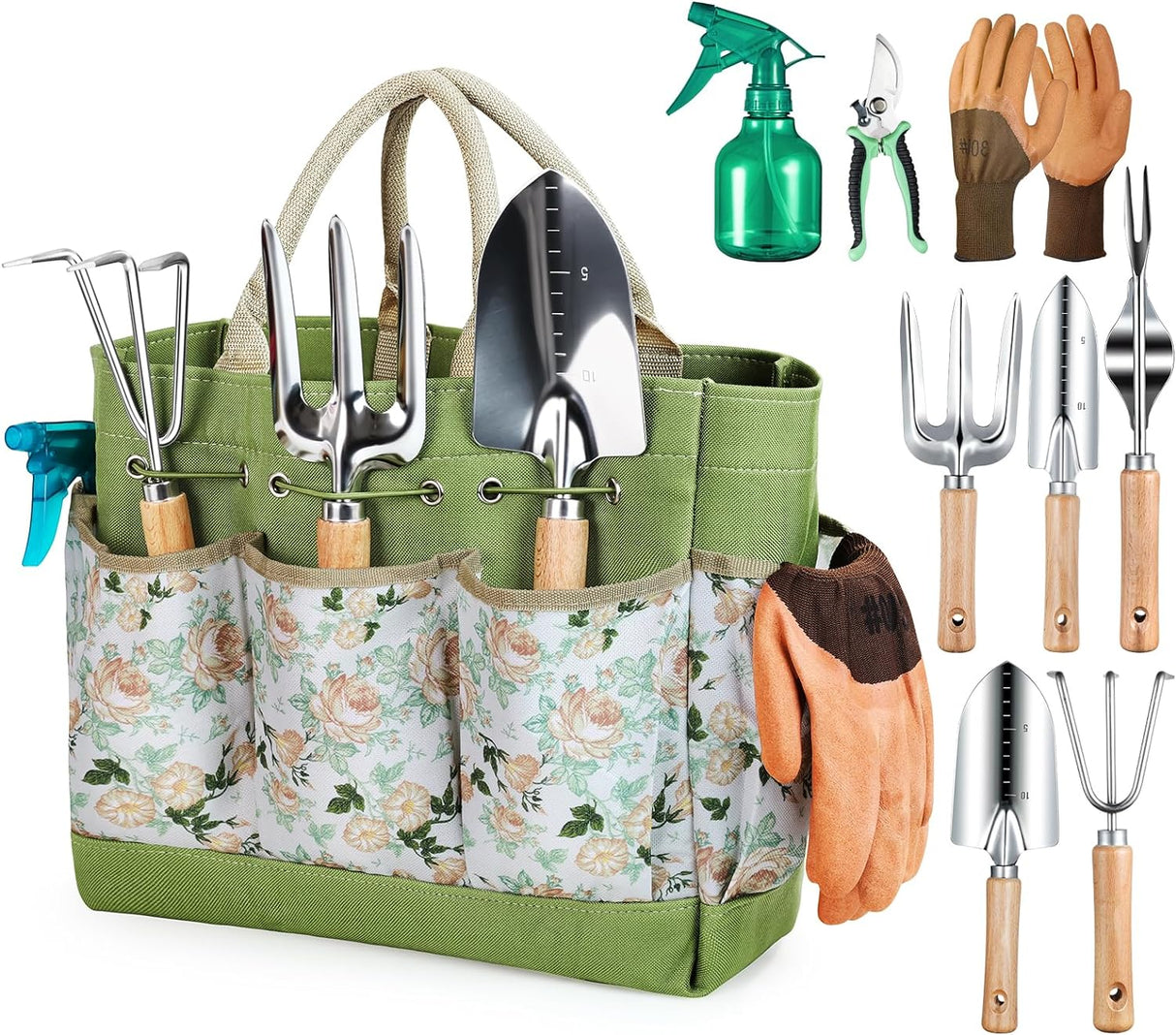 Grenebo Garden Tools 9-Piece Heavy Duty Gardening Hand Tools with Fashion and Durable Garden Tools Organizer Handbag, Rust-Proof Garden Tools Set, Ideal Gardening Gifts for Women (Black Red)