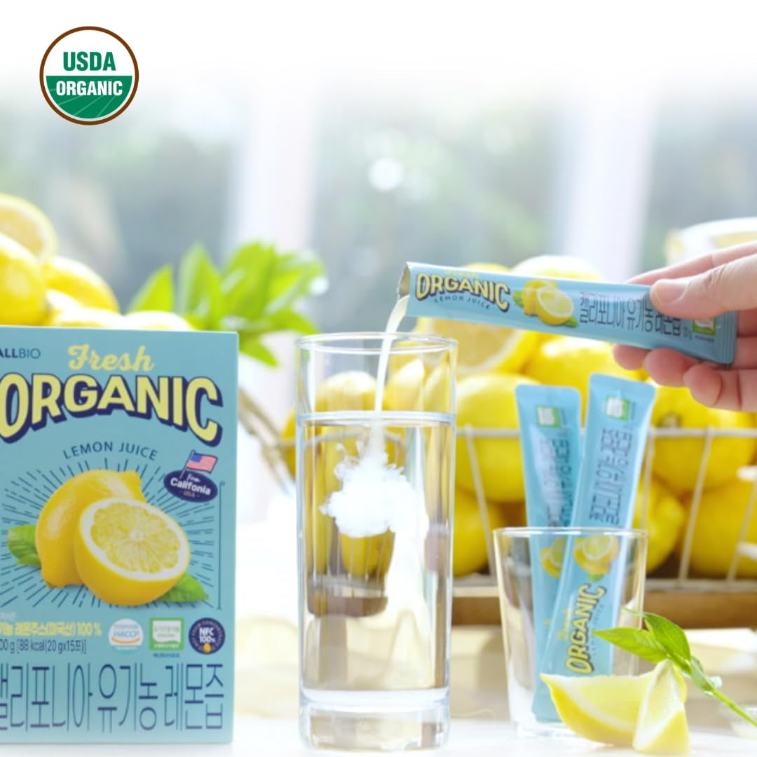 ALLBIO Organic Lemon Juice Sticks | 0.67Oz X 15 Pack – USDA Certified, Cold-Pressed, Not from Concentrate | No Sugar | Portable, Single-Serve Packets for Lemon Water, Tea, Cooking, Baking & Recipe