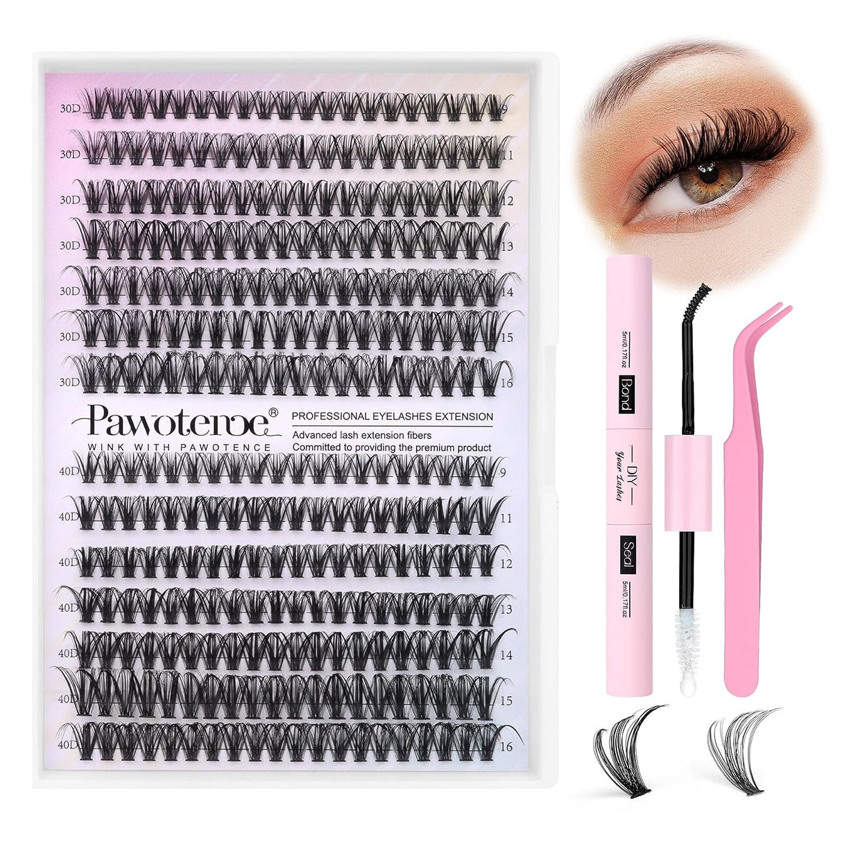 Pawotence Lash Extension Kit DIY 280Pcs Lash Clusters Eyelash Extension Kit, 9-16Mm 30D 40D Individual Lashes Kit with Lash Bond and Seal, Lash Tweezers for Self Use (30D&40D, 0.07D, 9-16Mm, Kit)