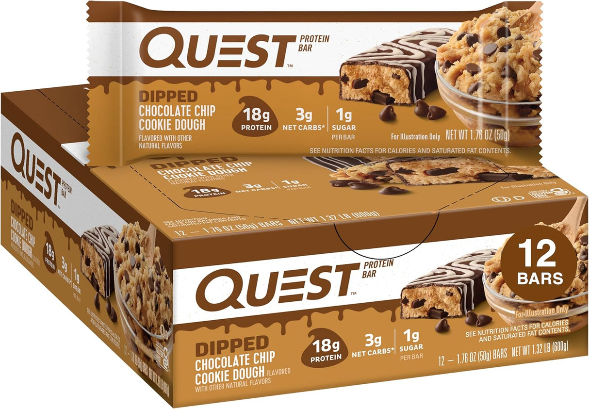 Quest Nutrition Dipped Chocolate Chip Cookie Dough Protein Bars, 18G Protein, 3G Net Carbs, Gluten Free, 1.76 Oz, 12 Count