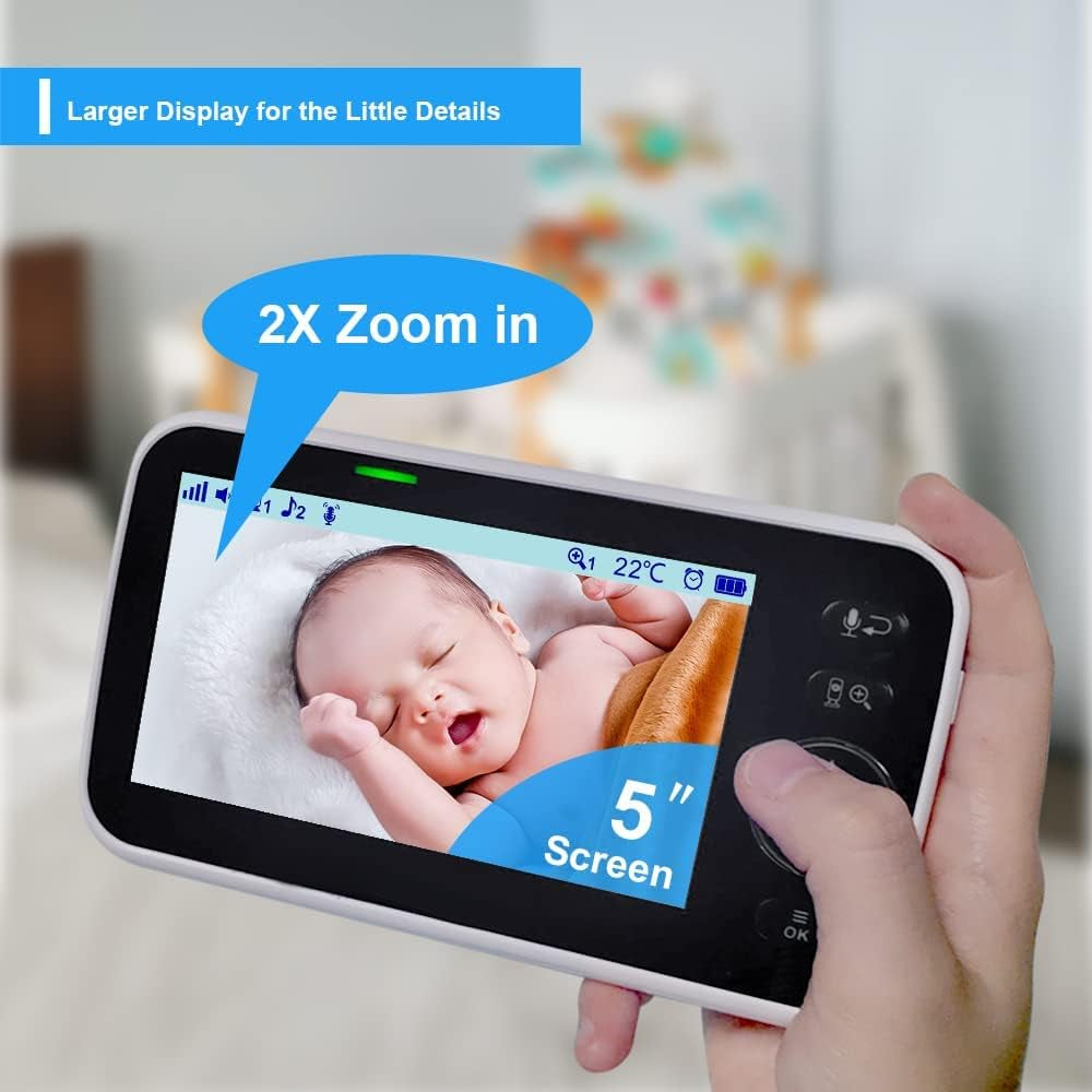 Hellobaby No Wifi Baby Monitor 5" Screen 30-Hour Battery Pan-Tilt-Zoom Video Upgrade with Camera and Audio, Night Vision, VOX, 2-Way Talk, 8 Lullabies and 1000Ft Range, HB6550