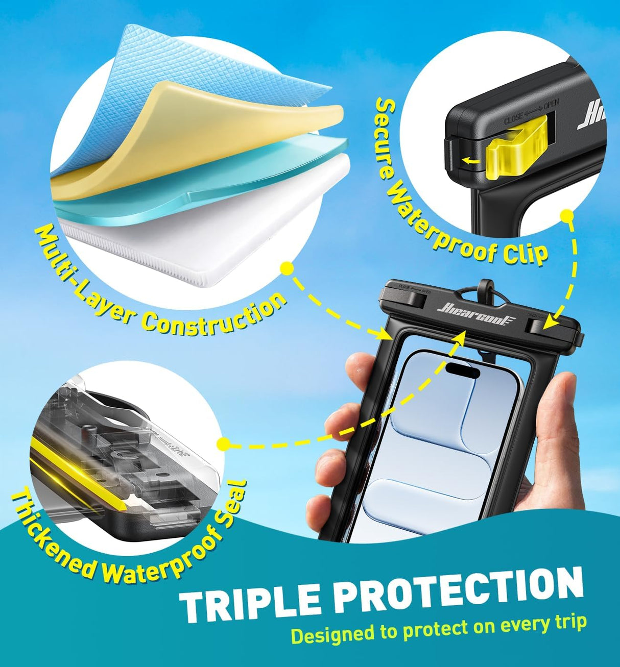 Hiearcool Waterproof Phone Pouch, Universal Case Compatible for Iphone 17 16 15 14 13 Pro Max plus up to 8.9", IPX8 Beach Travel Essentials-Black-2 Pack