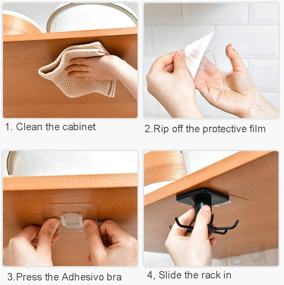 2PCS under Cabinet Hooks, 360 °Rotation Kitchen Hooks for Utensils,Storage Shelf Rv Must Haves,Nail Free Adhesive Kitchen Utensils Hanging Hooks for Kitchen Utensils/Tools/Towel/Knife (Black)