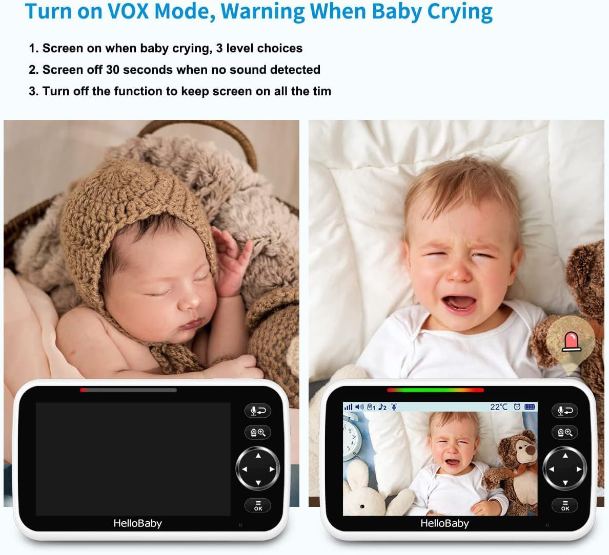 Hellobaby No Wifi Baby Monitor 5" Screen 30-Hour Battery Pan-Tilt-Zoom Video Upgrade with Camera and Audio, Night Vision, VOX, 2-Way Talk, 8 Lullabies and 1000Ft Range, HB6550