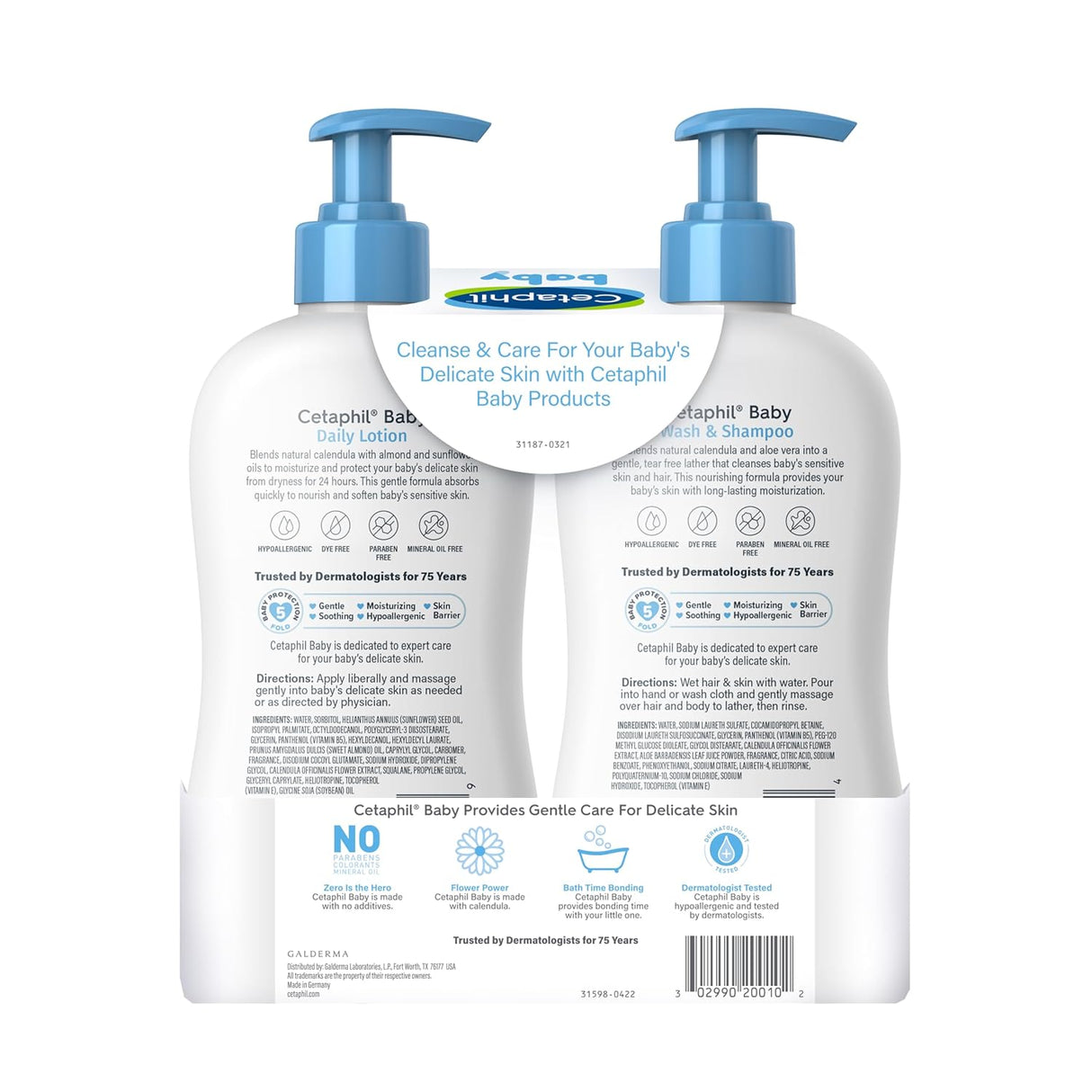 Cetaphil Baby Wash & Shampoo plus Body Lotion, Healthy Skin Essentials, Head to Toe Hydration for up to 24 Hours, for Delicate, Sensitive Skin, 2-Pack,White