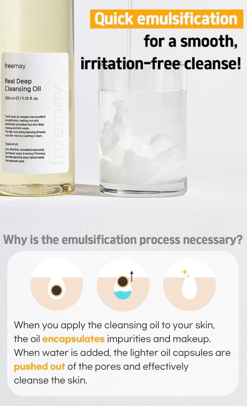 Freemay Real Deep Cleansing Oil, Removes Waterproof Makeup & Blackheads, Pore Deep Cleanser, Lightweight Finish, 330Ml, 11.15 Fl Oz