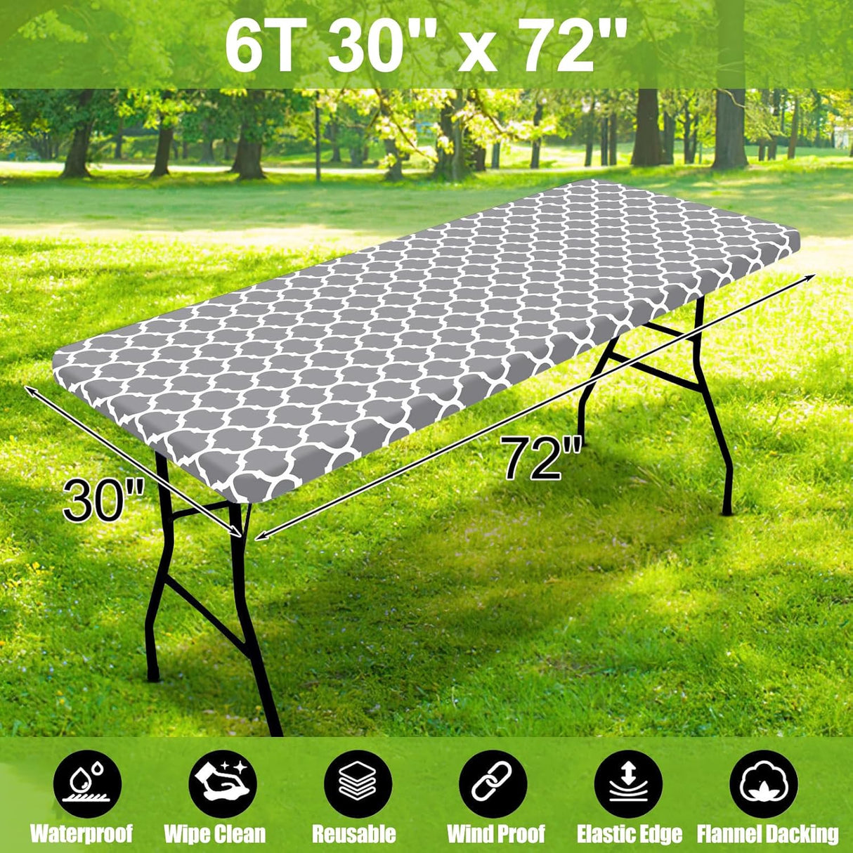 Smiry Rectangle Picnic Table Cloth, Waterproof Elastic Fitted Camping Tablecloths for 6 Foot Tables, Wipeable Flannel Backed Vinyl Tablecloth for Camping, Indoor & Outdoor (Grey, 30X72 Inches)
