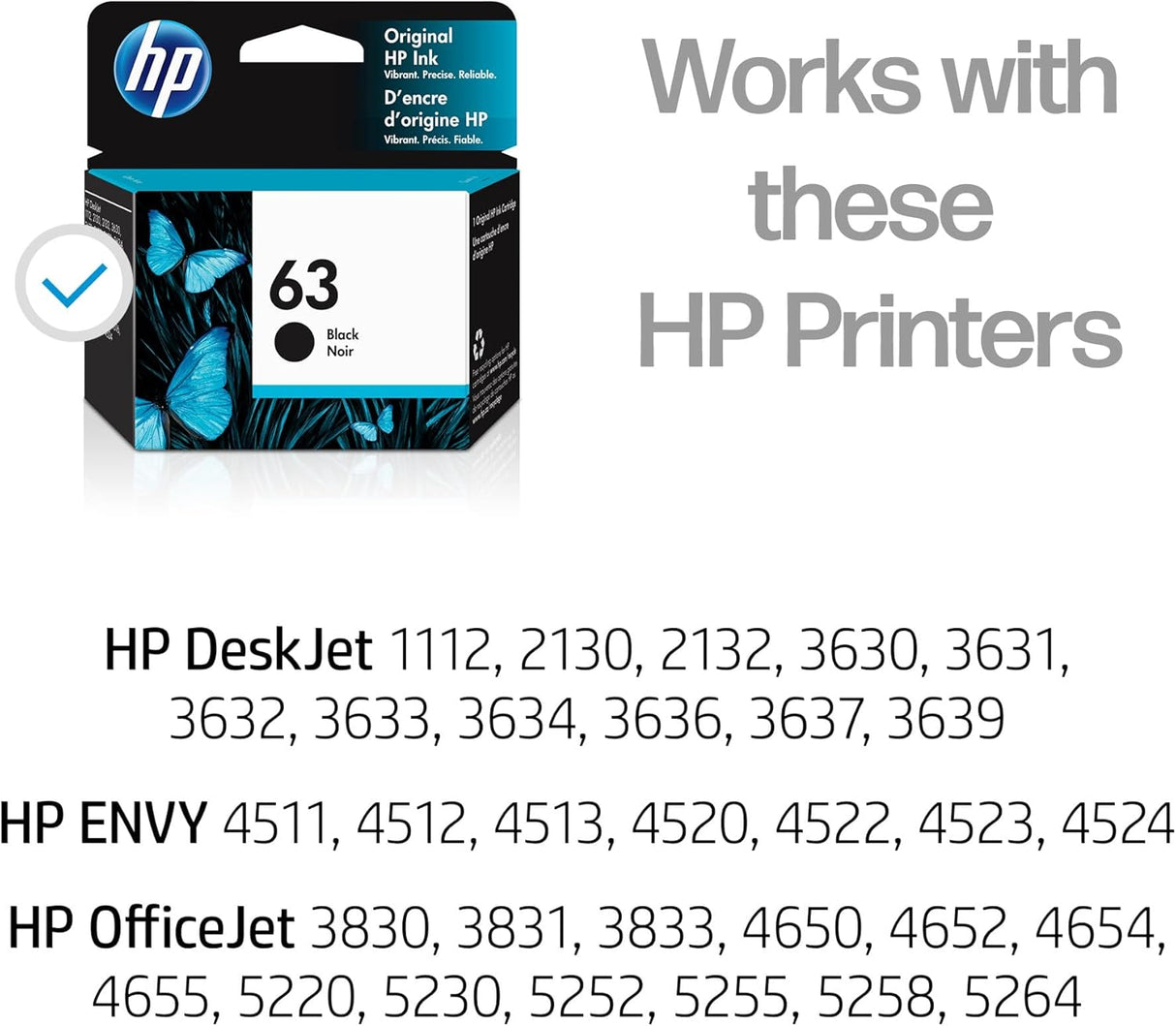 HP 63 Black Ink Cartridge | Works with Deskjet 1112, 2130, 3630; Envy 4510, 4520; Officejet 3830, 4650, 5200 Series | Eligible for Instant Ink | F6U62AN