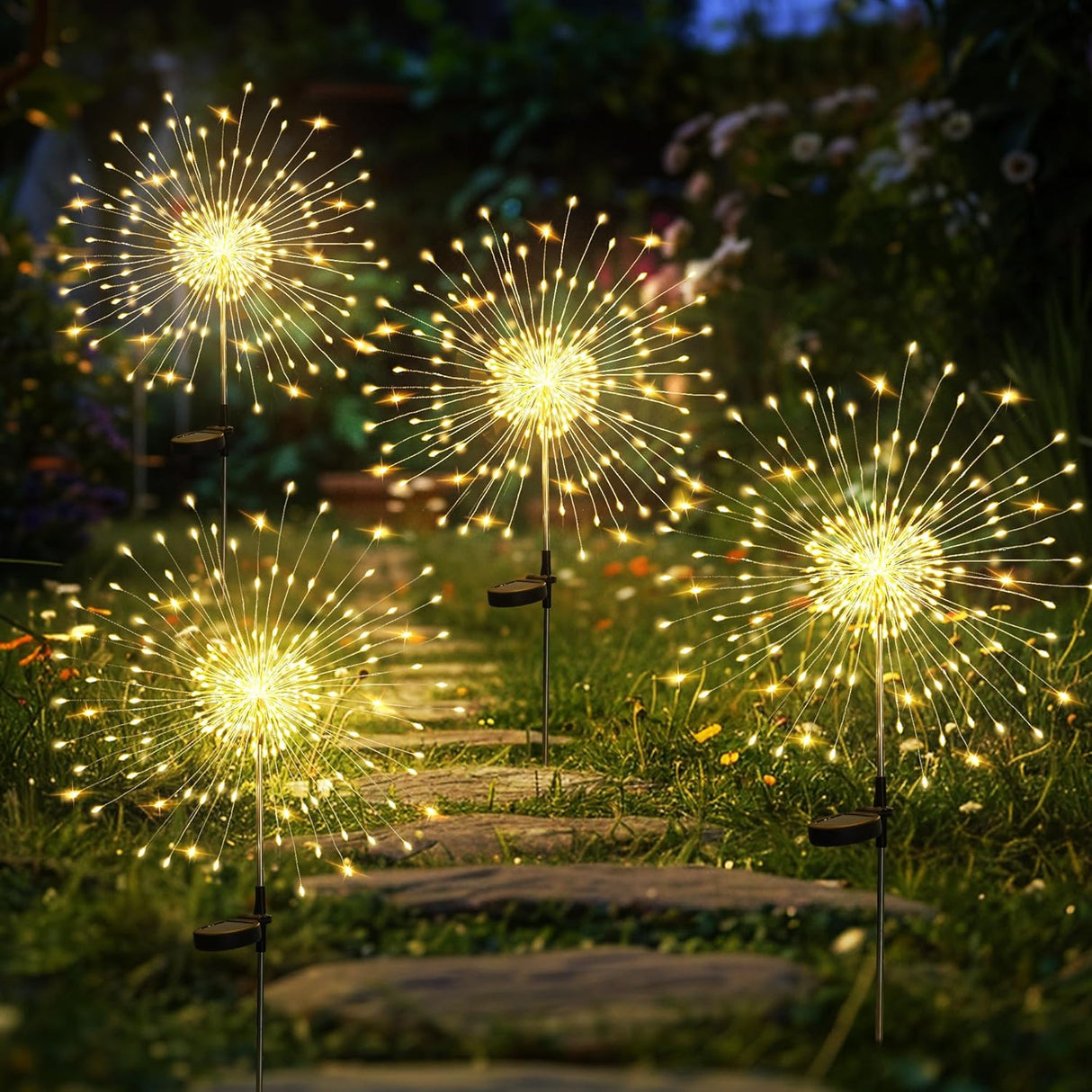 GIGALUMI Garden Decor Outdoor Lights 120LED 4Pack, Solar Garden Lights outside Fairy Firework Decorative,Solar Powered for Yard Pathway Flowerbed Planter Balcony Patio 4Th of July Decor (Warm White