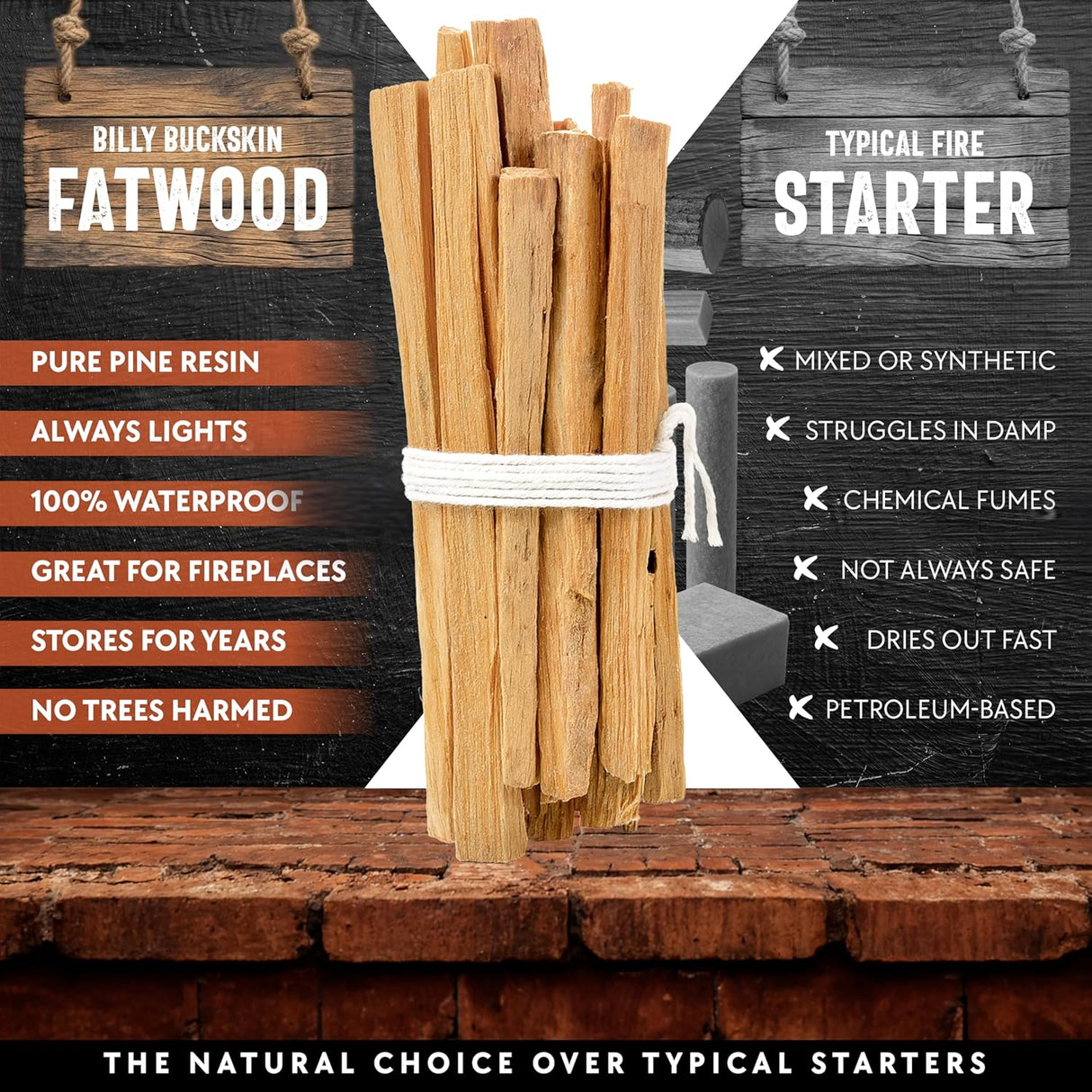 2Lb Fatwood Fire Starter Sticks | 100% Natural Fire Starters for Campfires, Firepit, Wood Stoves, Fireplaces, BBQ | Start a Fire W/Just 2 Sticks | Camping Essentials by Billy Buckskin (2Lb Bag)