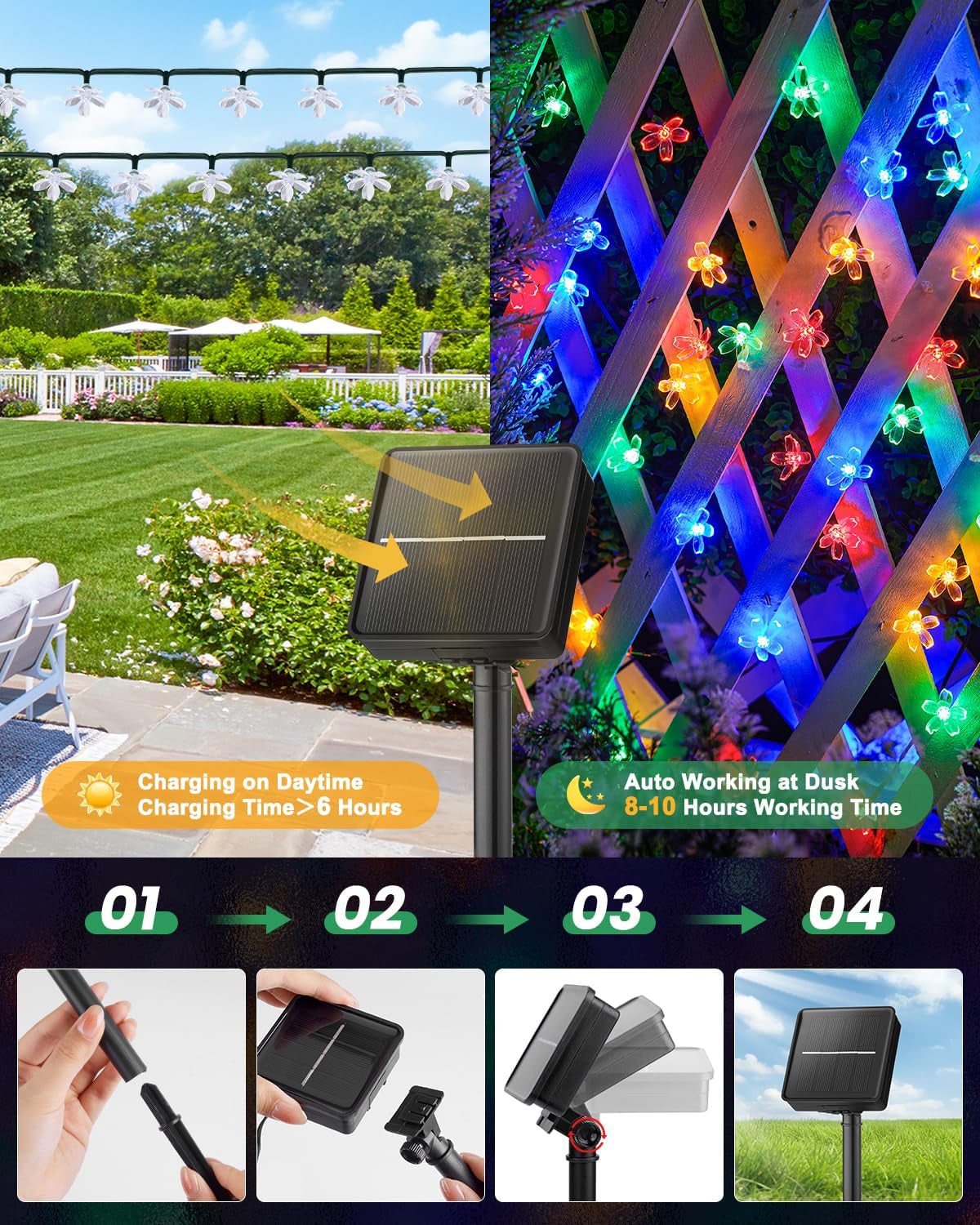 Brightown 60 LED Solar Flower String Lights Outdoor Waterproof Fairy Lights for Garden Yard Fence Patio Christmas Tree Wedding Party Decor, Pure White