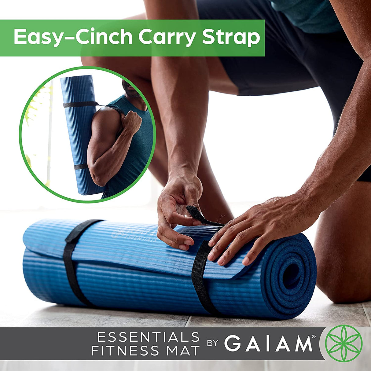 Gaiam Essentials 2/5" Thick (10Mm) Yoga & Pilates, Fitness & Exercise Mat with Easy-Cinch Carrier Strap Cusion Support for Fitness and Gym Workouts