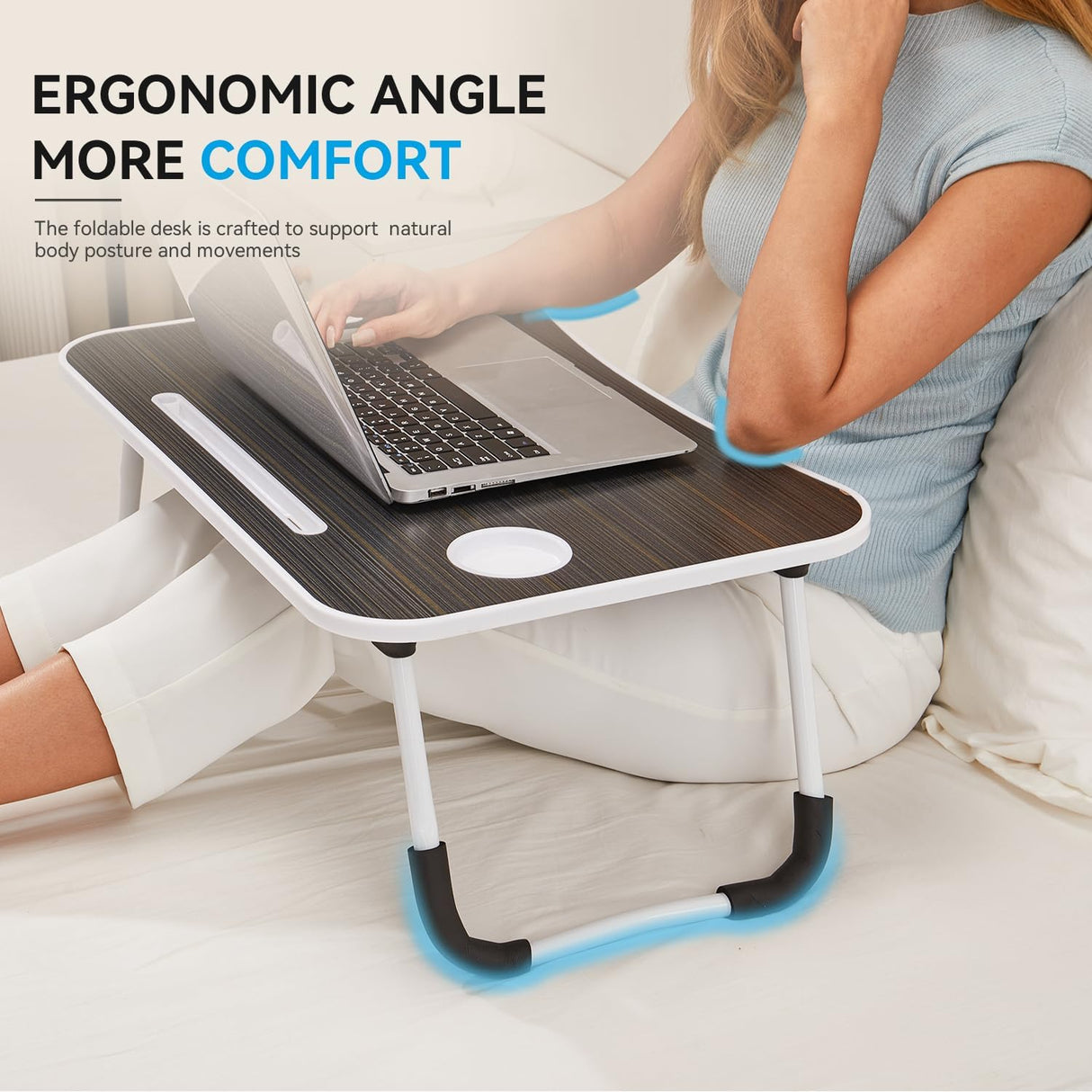 BUYIFY Foldable Lap Desk for Laptop & Writing - 23 Inch Bed Tray Table with Cup Holder & Tablet Slot - Portable Notebook Stand for Eating, Sofa, Couch & WFH Students (Black)