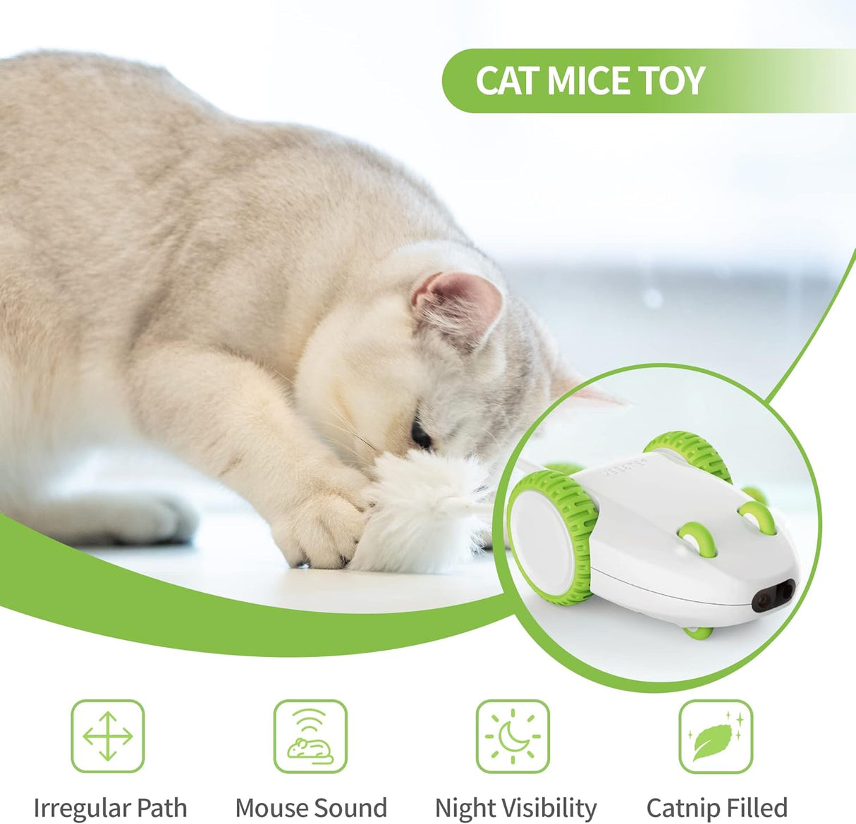 PETGEEK Automatic Cat Mouse Toys Interactive Cat Toys for Indoor Cats, Smart Sensing Moving Electric Cat Toys with Catnip Wand, USB Rechargeable Remote Control Squeaky Mouse Cat Toy, 3 Catnip Tails