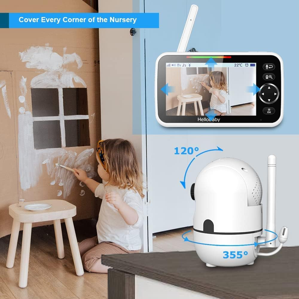 Hellobaby No Wifi Baby Monitor 5" Screen 30-Hour Battery Pan-Tilt-Zoom Video Upgrade with Camera and Audio, Night Vision, VOX, 2-Way Talk, 8 Lullabies and 1000Ft Range, HB6550