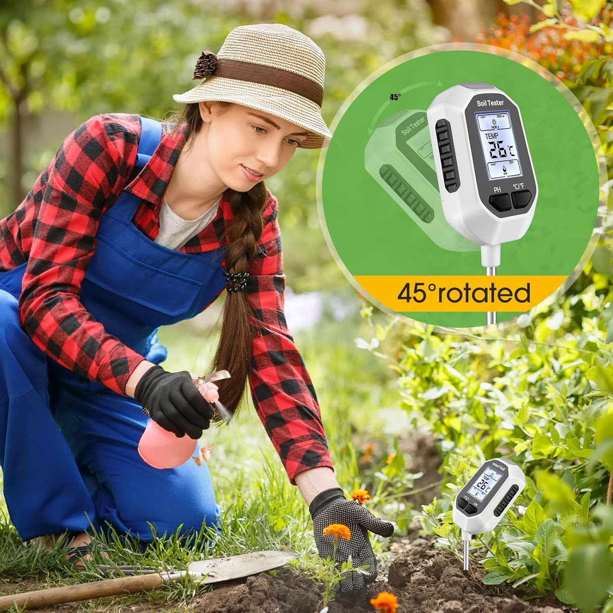 YAMRON 4-In-1 Soil Moisture Meter, Digital Plant Temperature/Soil Moisture Test & PH Meter/Sunlight Intensity, Backlight LCD Display for Gardening, Farming and Outdoor Plants
