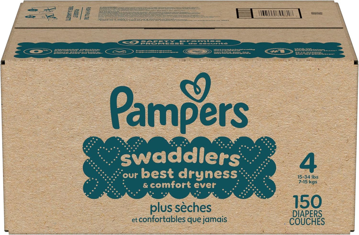 Pampers Swaddlers Diapers, Size 4 (15-34 Lbs), 150 Count, Absorbent, Keeps Baby Dry and Comfortable, Skin Safe Disposable Baby Diaper (Packaging May Vary)