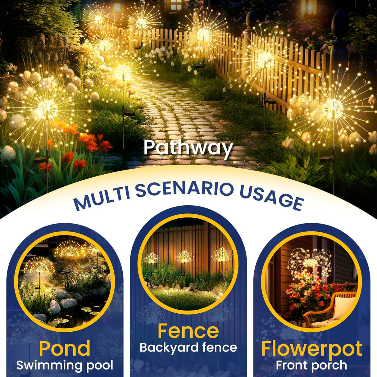 GIGALUMI Garden Decor Outdoor Lights 120LED 2Pack, Solar Garden Lights outside Fairy Firework Decorative,Solar Powered for Yard Pathway Flowerbed Planter Balcony Patio 4Th of July Decor (Warm White