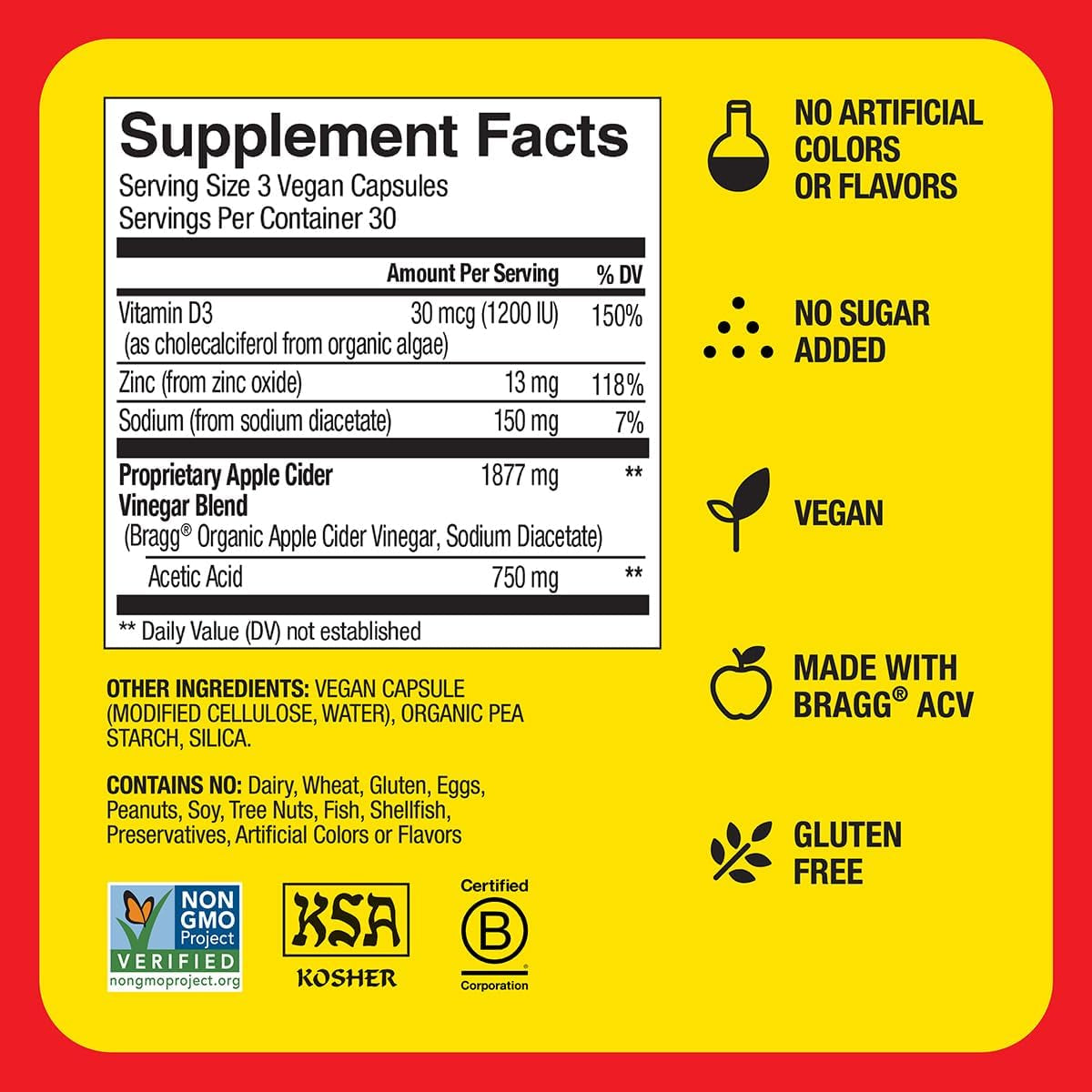 Bragg Organic Apple Cider Vinegar Capsules with Vitamin D and Zinc - 90 Count - Supports Immune System