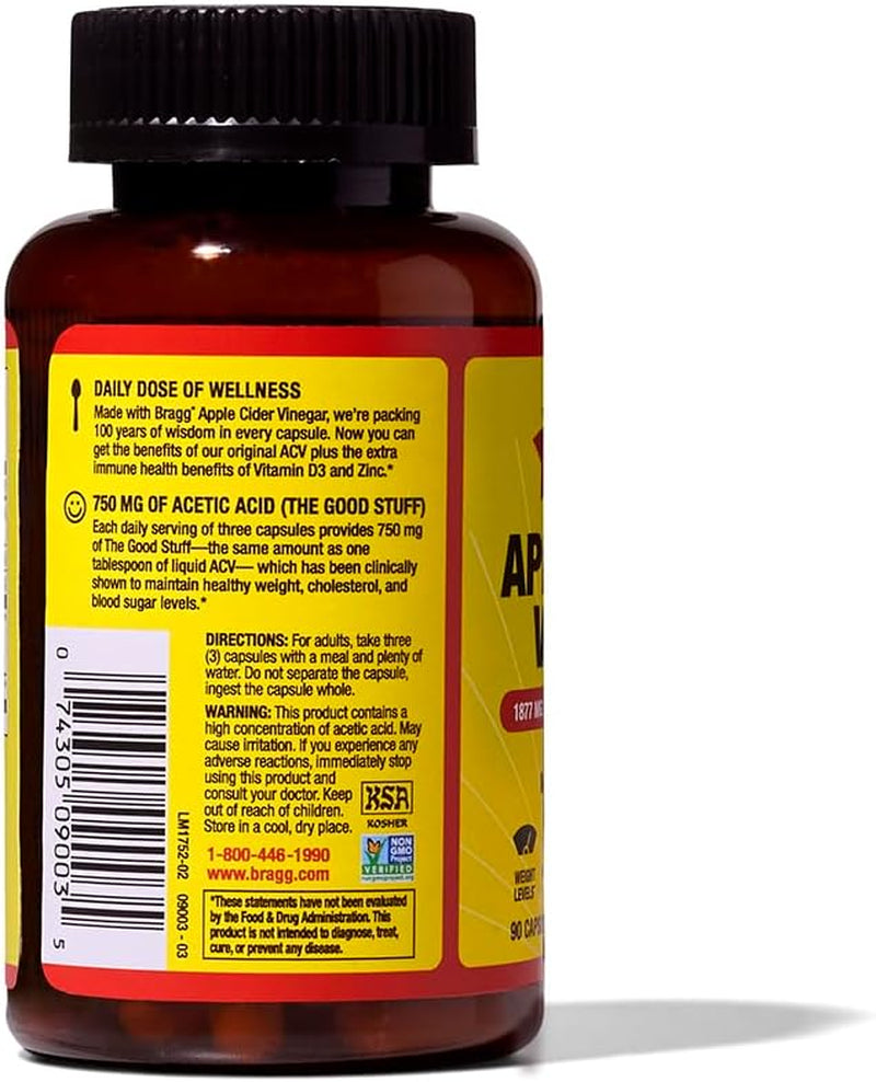 Bragg Organic Apple Cider Vinegar Capsules with Vitamin D and Zinc - (2 Pack) 90 Count - Supports Immune System