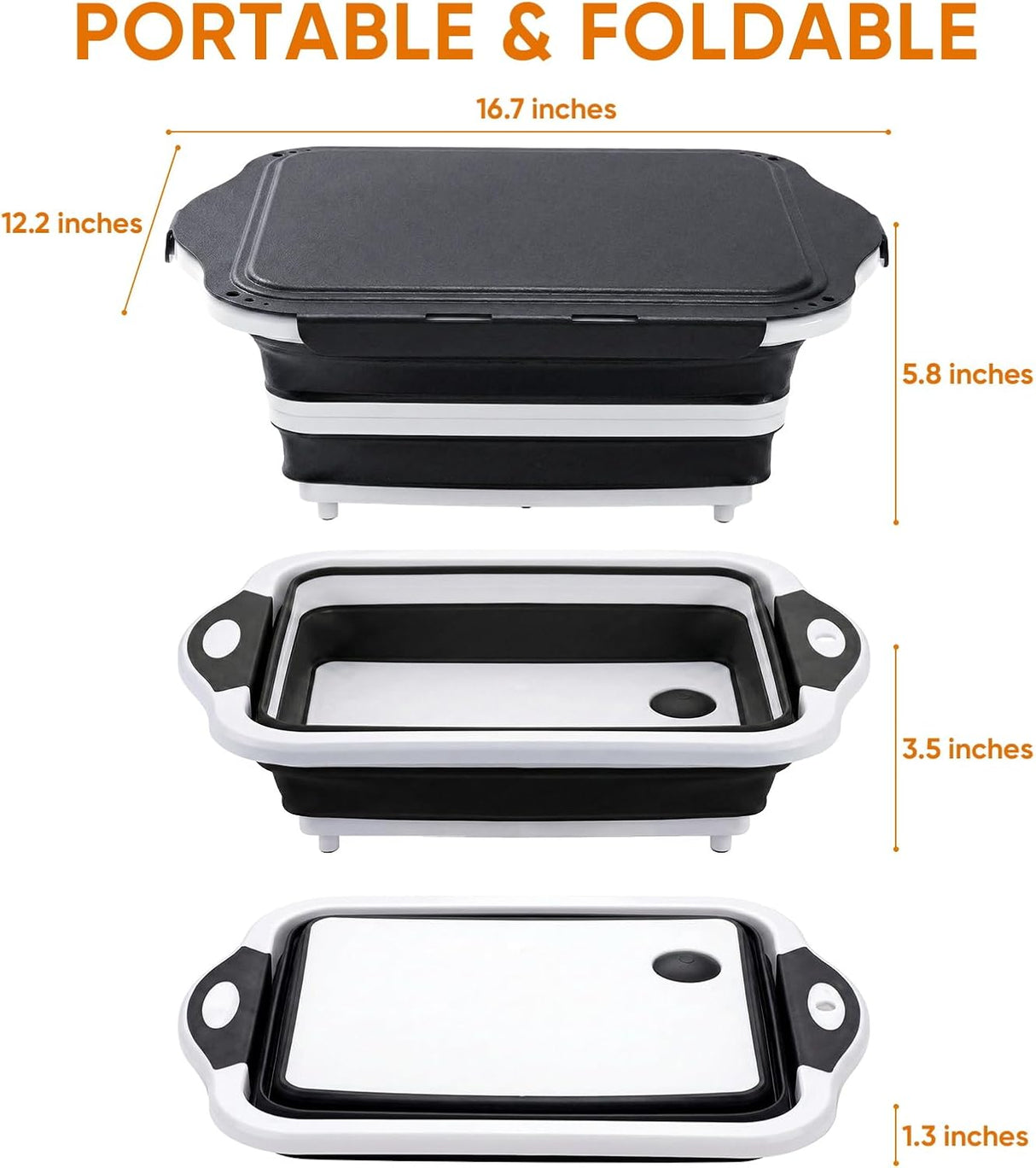 Collapsible BBQ Prep Tub with Lid, Foldable Camping Sink with Colander, Cutting Board, Dish Basin for Kitchen, Bowl, Vegetable and Fruit, Storage Basket for Picnic-Black