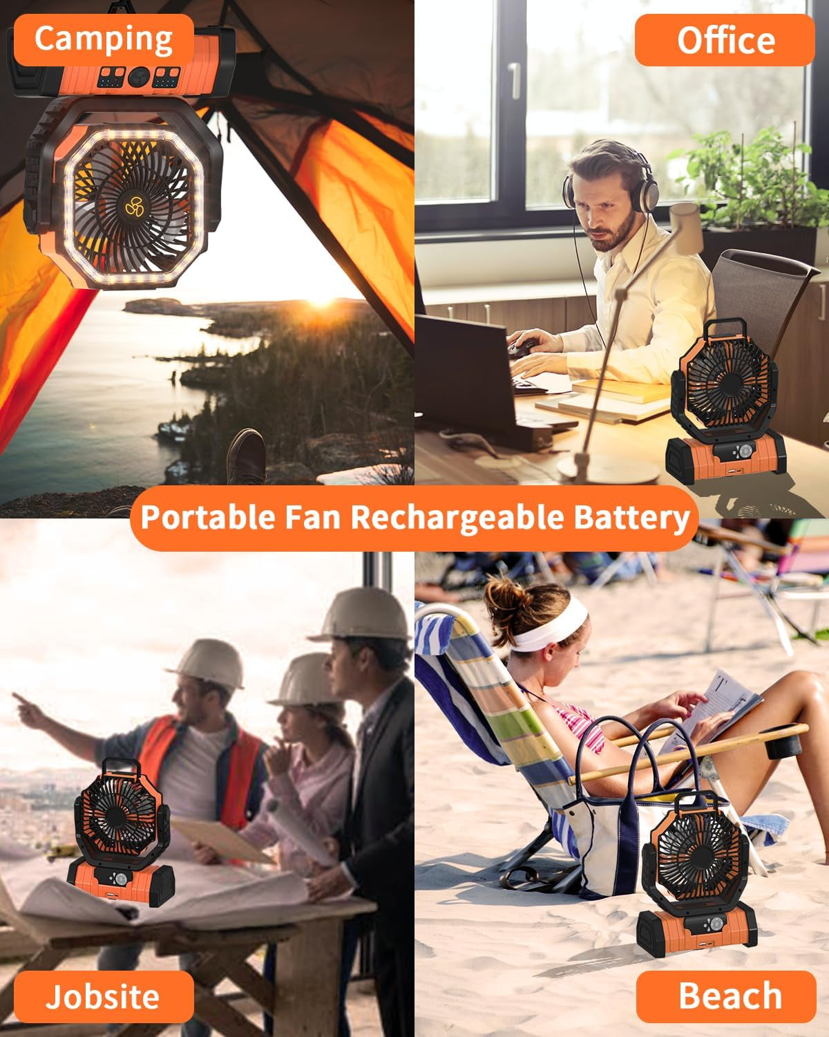 ADUST Camping Fan - 20000Mah Battery Powered Fan Battery Operated Rechargeable Portable Outdoor Tent Fans with Hanging Hook, Cordless, 4 Speeds, Remote Control - Orange