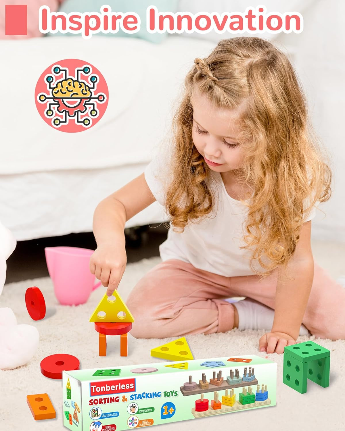 Tonberless Montessori Toys for 1 2 3 Year Old Boy Girl, Toys for Ages 2-4 Toddlers Kids Baby, 1 2 Year Old Boy Girl Birthday Gifts, Wooden Learning Puzzles Shape Sorter Toys for Toddlers 1-3