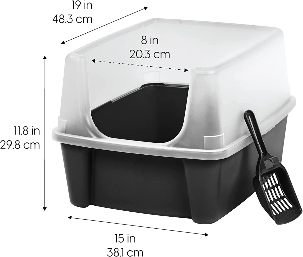 IRIS USA Cat Litter Box Large Open Top with High Sided Walls Tall Scatter Shield Scoop Included Easy Clean Plastic Pan Stain Resistant for Big Cats Kittens Indoor Multi-Cat Households