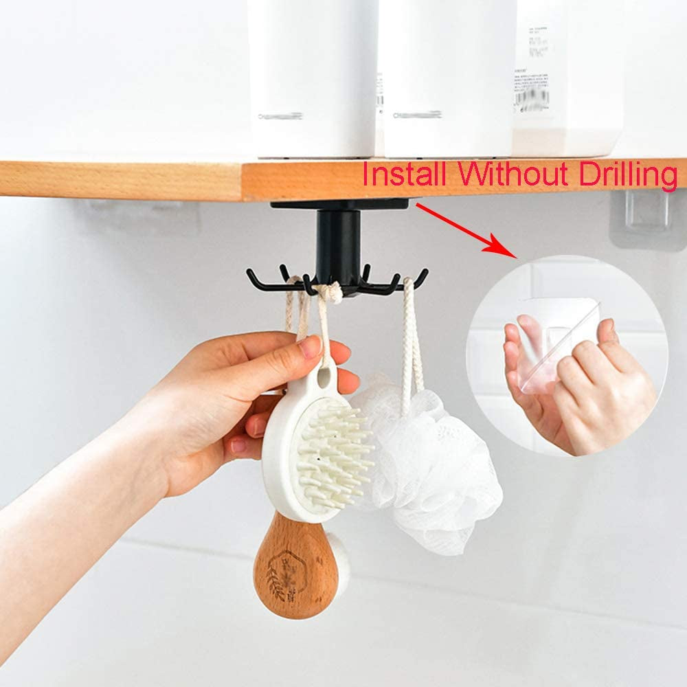2PCS under Cabinet Hooks, 360 °Rotation Kitchen Hooks for Utensils,Storage Shelf Rv Must Haves,Nail Free Adhesive Kitchen Utensils Hanging Hooks for Kitchen Utensils/Tools/Towel/Knife (Black)