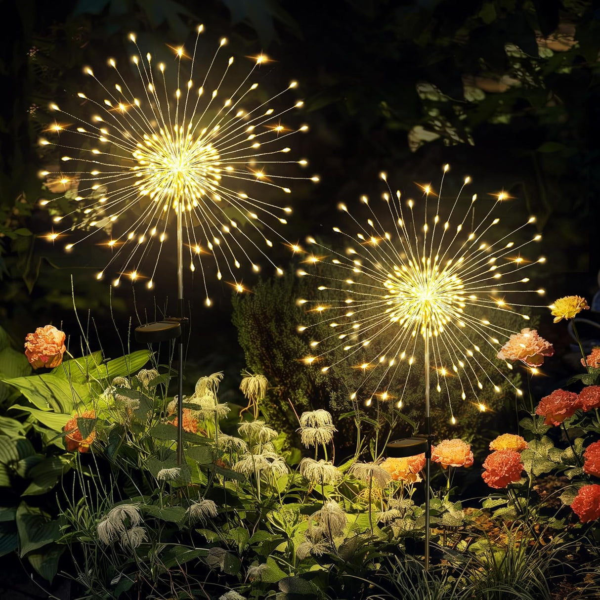 GIGALUMI Garden Decor Outdoor Lights 120LED 4Pack, Solar Garden Lights outside Fairy Firework Decorative,Solar Powered for Yard Pathway Flowerbed Planter Balcony Patio 4Th of July Decor (Warm White