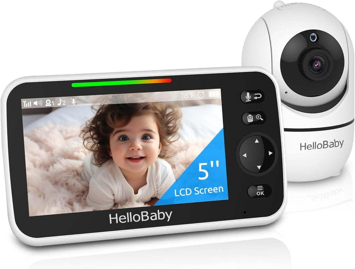 Hellobaby No Wifi Baby Monitor 5" Screen 30-Hour Battery Pan-Tilt-Zoom Video Upgrade with Camera and Audio, Night Vision, VOX, 2-Way Talk, 8 Lullabies and 1000Ft Range, HB6550