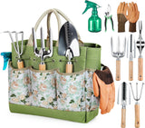 Grenebo Gardening Tools 9-Piece Heavy Duty Garden Hand Tools with Fashion and Durable Garden Tools Organizer Handbag, Rust-Proof Garden Tool Set, Ideal Gardening Gifts for Women