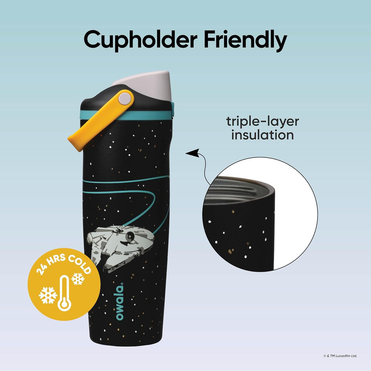 Owala Star Wars Freesip Sway Insulated Stainless Steel Water Bottle with Two-Way Spout, Built-In Straw and Bucket Handle, School, and Sports, 30Oz, BPA Free, Leak Proof, Millennium Falcon
