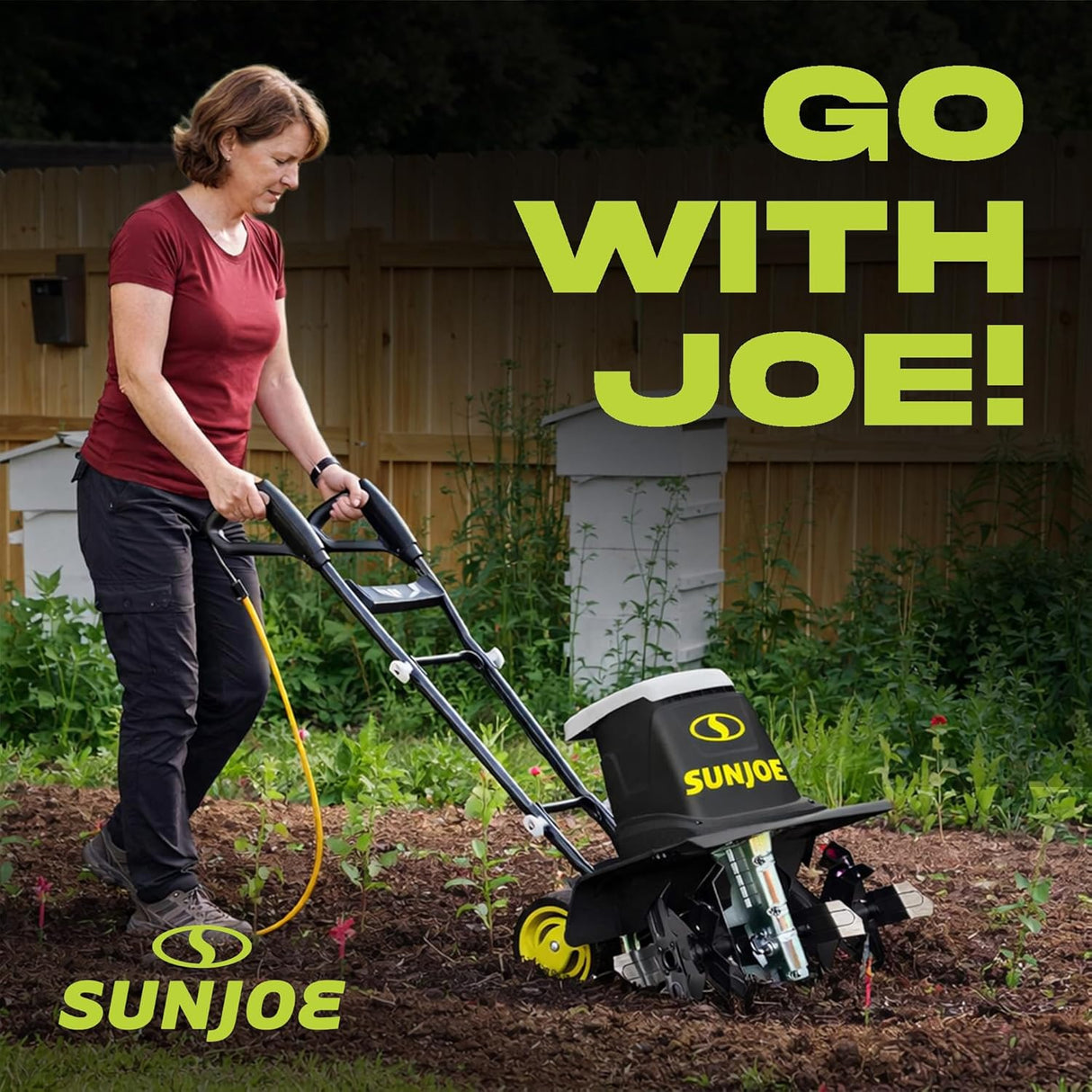 Sun Joe Electric Garden Tiller and Cultivator with 3 Position Height Adjustment Maximum 12-Inch Cultivating Width and 8 Amp Motor, TJ602E