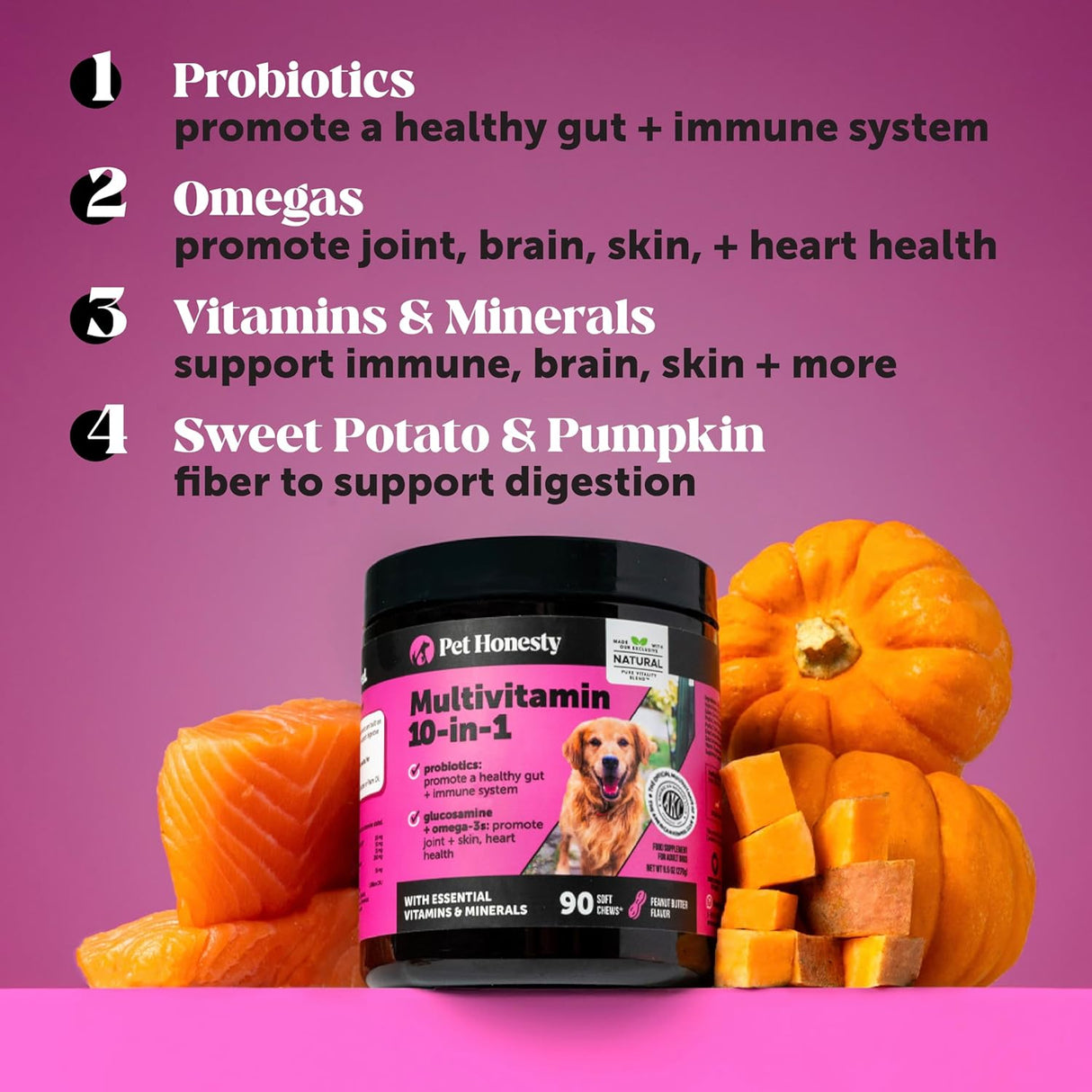 10-In-1 Dog Multivitamin Supplement with Glucosamine & Probiotics - Hip & Joint Support, Digestive Health, Immune Support, Heart & Skin - All-In-One Daily Vitamins & Omega-3S (Peanut Butter, 90 Ct)