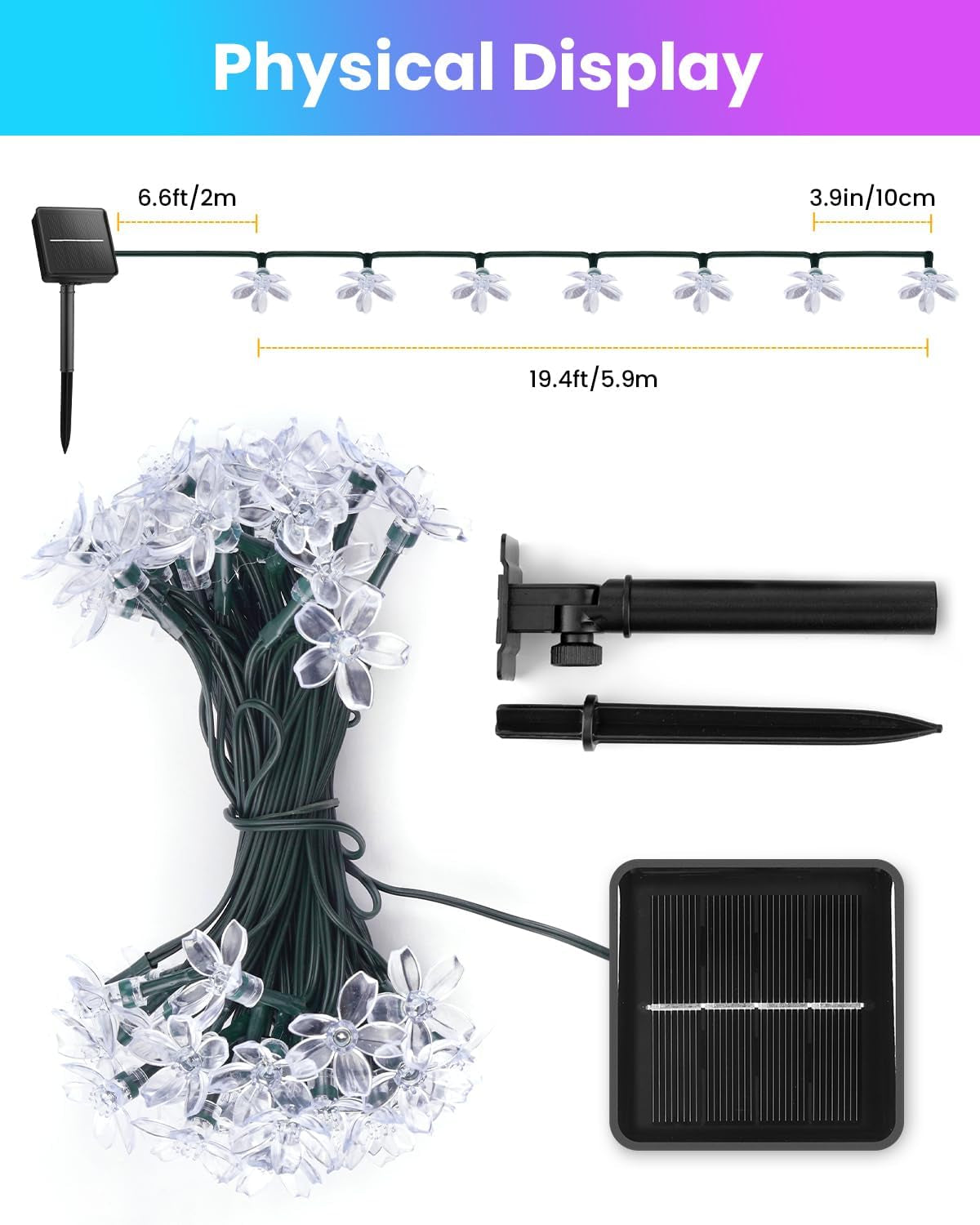 Brightown 60 LED Solar Flower String Lights Outdoor Waterproof Fairy Lights for Garden Yard Fence Patio Christmas Tree Wedding Party Decor, Pure White