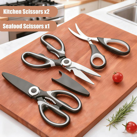 OMDAR Food Grade Kitchen Scissors All Purpose 3 Pack - Heavy Duty Stainless Steel Cooking Shears for Cutting Meat, Food, Fish, Poultry Sharp Sissors for Dishwasher Safe - with Protective Sheath