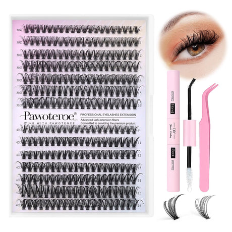 Pawotence Lash Extension Kit DIY 280Pcs Lash Clusters Eyelash Extension Kit, 9-16Mm 30D 40D Individual Lashes Kit with Lash Bond and Seal, Lash Tweezers for Self Use (30D&40D, 0.07D, 9-16Mm, Kit)