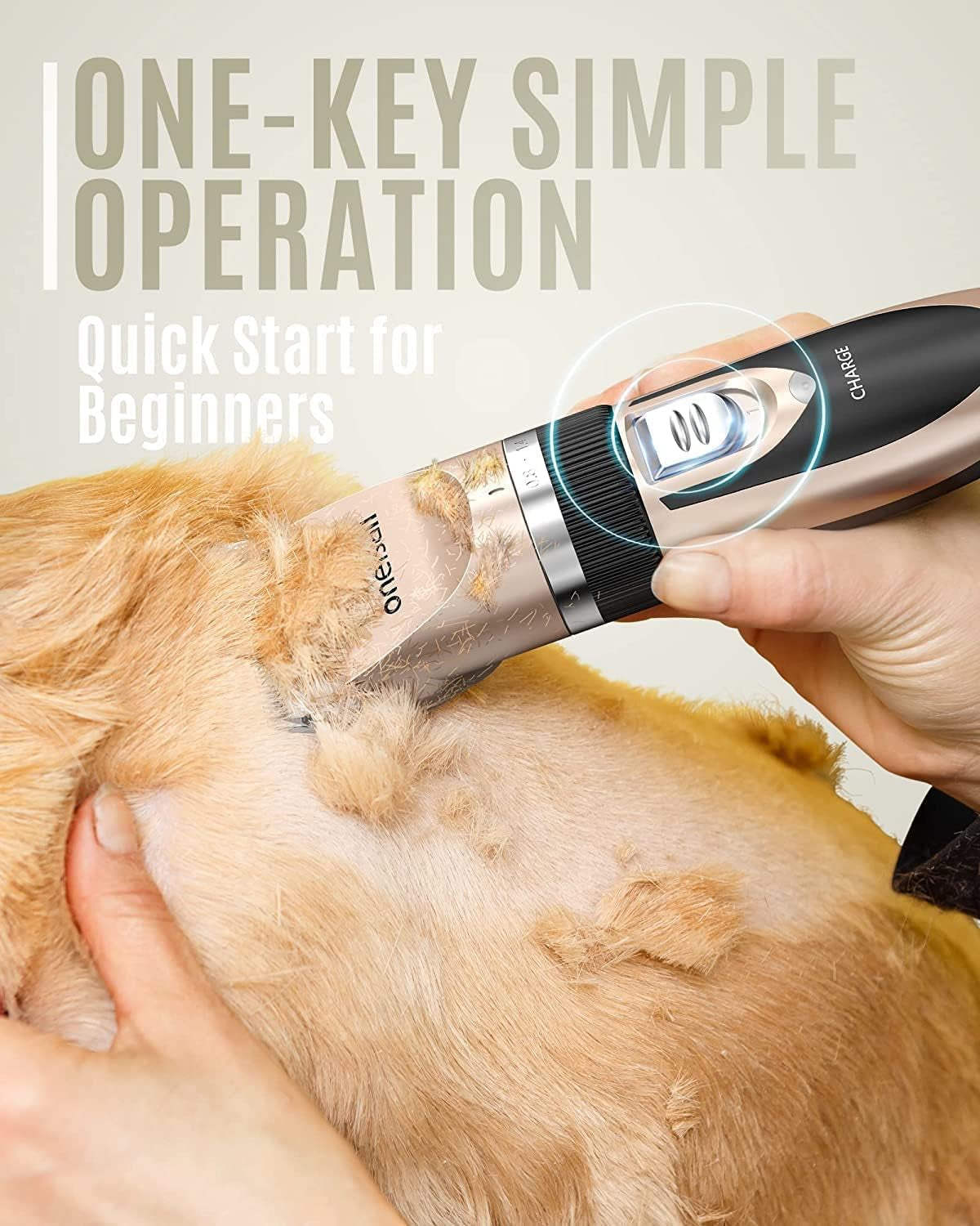 Oneisall Dog Clipper Low Noise, Dog Grooming Kit with Rechargeable, Pet Shaver Cordless Electric Quiet Hair Clipper Set for Dogs Cats Pets（Gold）
