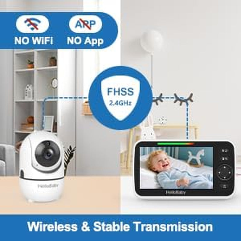 Hellobaby No Wifi Baby Monitor 5" Screen 30-Hour Battery Pan-Tilt-Zoom Video Upgrade with Camera and Audio, Night Vision, VOX, 2-Way Talk, 8 Lullabies and 1000Ft Range, HB6550
