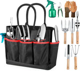 Grenebo Garden Tools 9-Piece Heavy Duty Gardening Hand Tools with Fashion and Durable Garden Tools Organizer Handbag, Rust-Proof Garden Tools Set, Ideal Gardening Gifts for Women (Black Red)