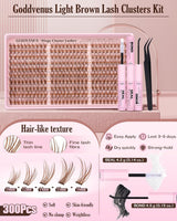 Brown Lash Clusters Kit Natural 300Pcs Wispy Lashes Cluster Eyelash Cluster Extensions Kit C Curve Individual Lashes Extensions Kit for DIY Waterproof & Long - Lasting (Light Brown10-16Mm)