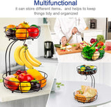 Auledio Iron 2-Tier Countertop Fruit Vegetables Basket Bowl Storage with Banana Hanger, Black, 64 Ounces