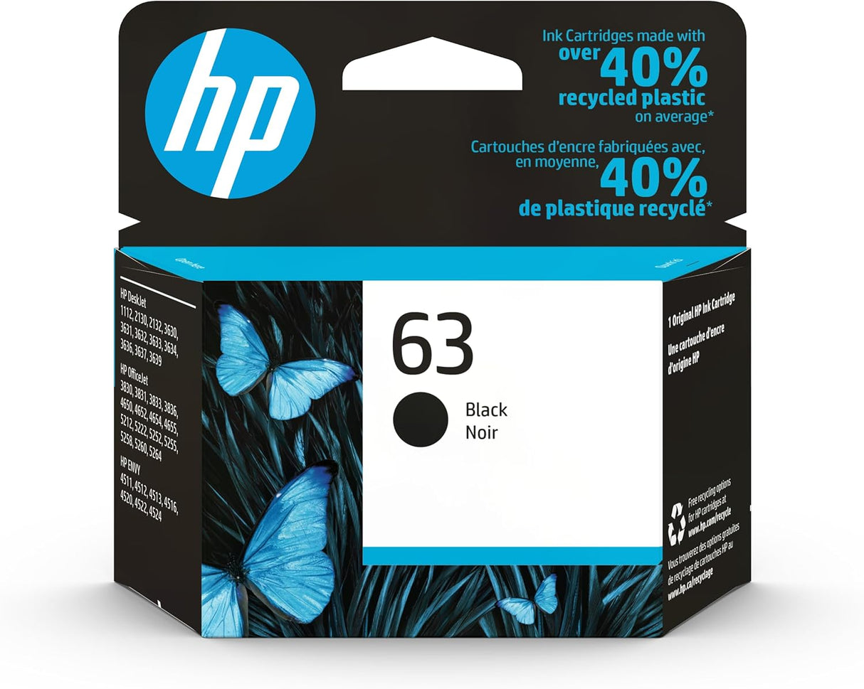 HP 63 Black Ink Cartridge | Works with Deskjet 1112, 2130, 3630; Envy 4510, 4520; Officejet 3830, 4650, 5200 Series | Eligible for Instant Ink | F6U62AN