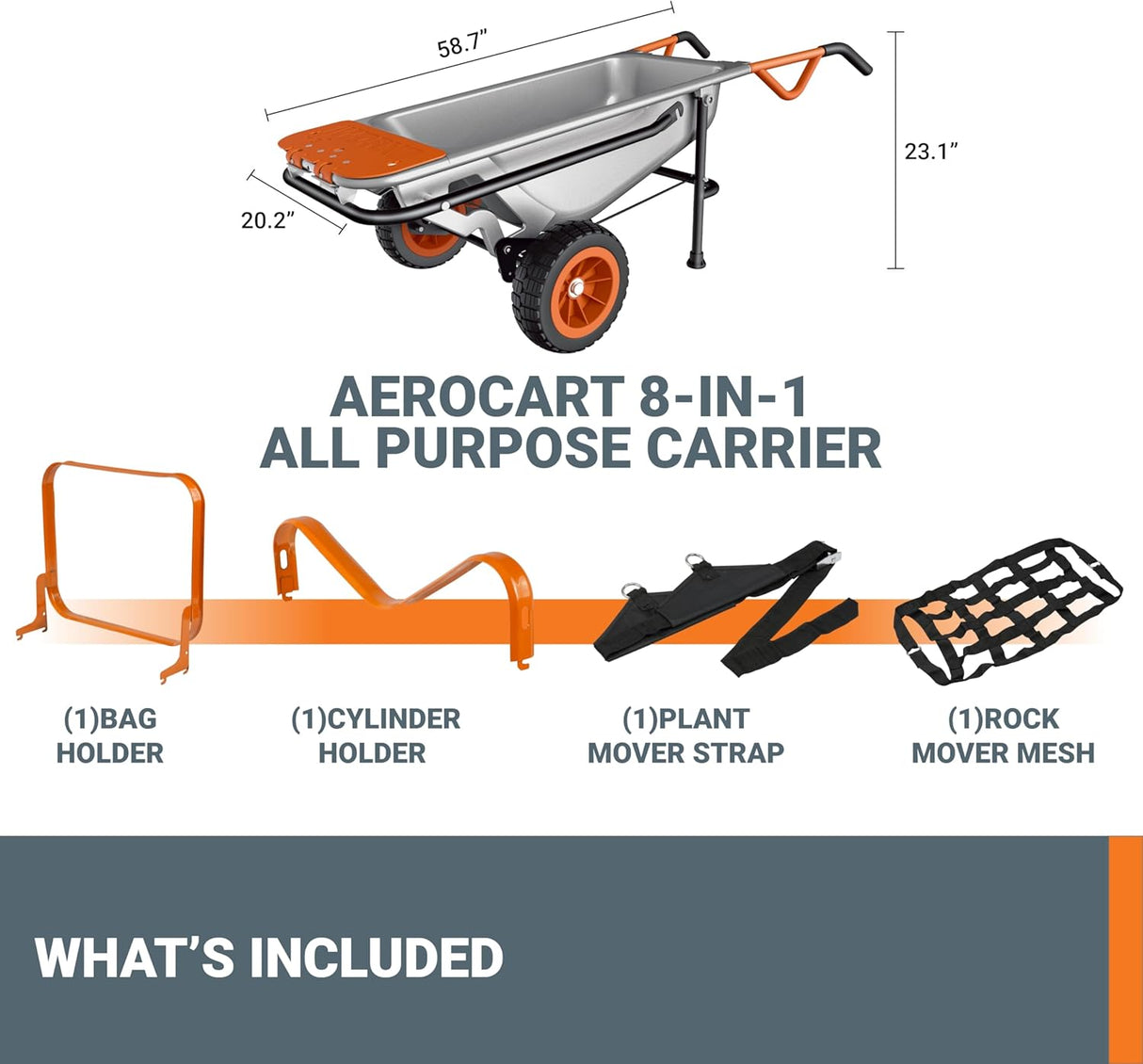 Worx WG050 8-In-1 Aerocart Garden Cart/Wheelbarrow Heavy Duty/Dolly