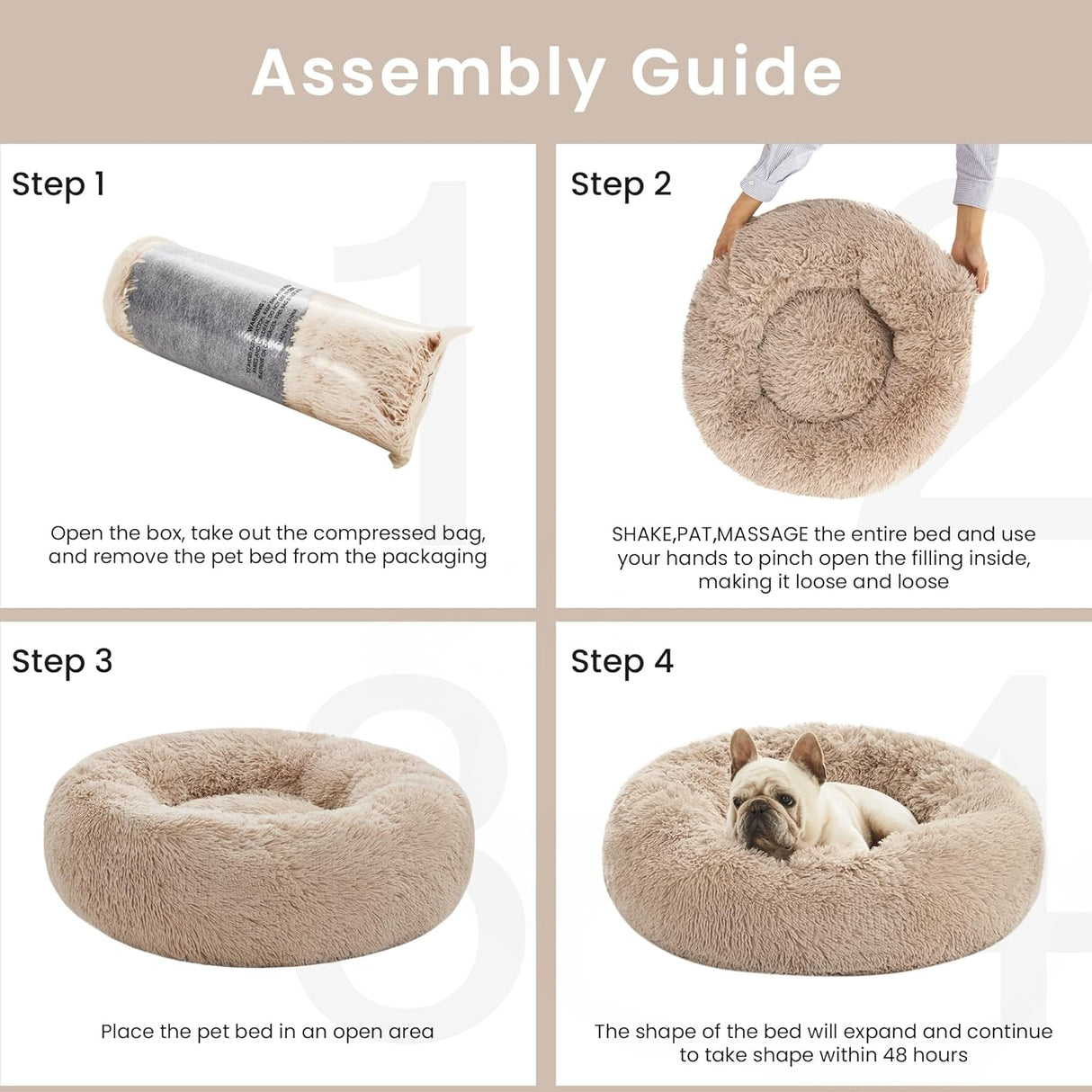 Love'S Cabin Calming Dog & Cat Bed, Cat Bed for Indoor Cats, Anti-Anxiety Donut round Bed, Fluffy Warming Pet Bed for Small Medium Dogs and Cats, Beige Taupe 20"/24"