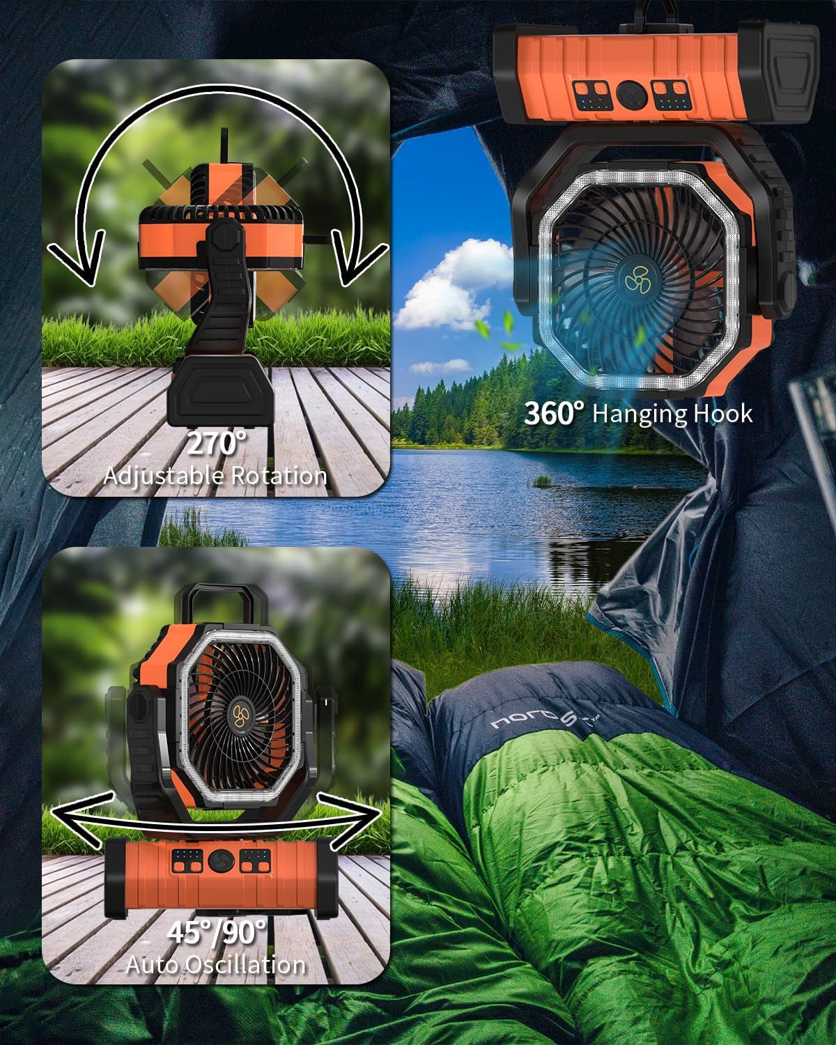 ADUST Camping Fan - 20000Mah Battery Powered Fan Battery Operated Rechargeable Portable Outdoor Tent Fans with Hanging Hook, Cordless, 4 Speeds, Remote Control - Orange