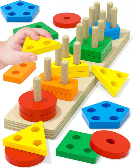 Tonberless Montessori Toys for 1 2 3 Year Old Boy Girl, Toys for Ages 2-4 Toddlers Kids Baby, 1 2 Year Old Boy Girl Birthday Gifts, Wooden Learning Puzzles Shape Sorter Toys for Toddlers 1-3
