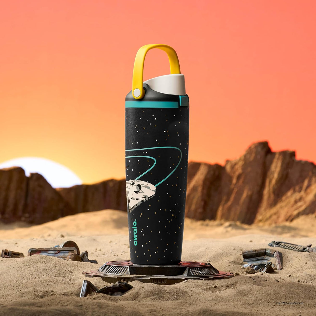 Owala Star Wars Freesip Sway Insulated Stainless Steel Water Bottle with Two-Way Spout, Built-In Straw and Bucket Handle, School, and Sports, 30Oz, BPA Free, Leak Proof, Millennium Falcon